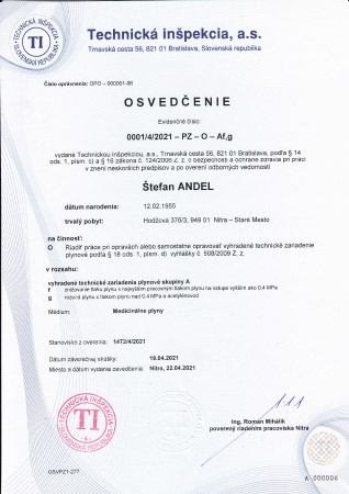 Osvedčenie medicálne plyny 